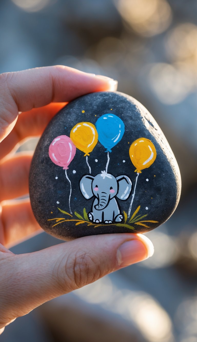 A hand holding a smooth river rock painted with an elephant and balloons.