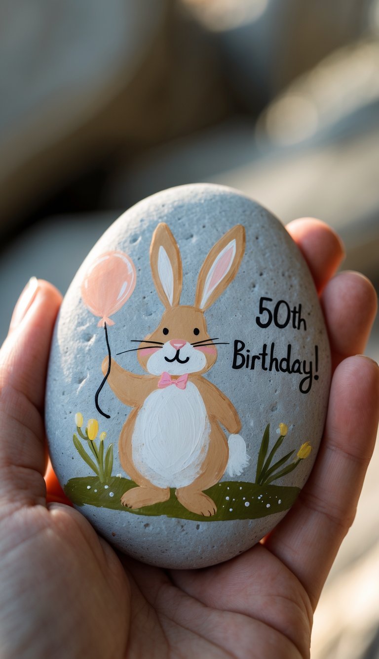 A hand holding a smooth river rock painted with a birthday bunny holding a balloon.