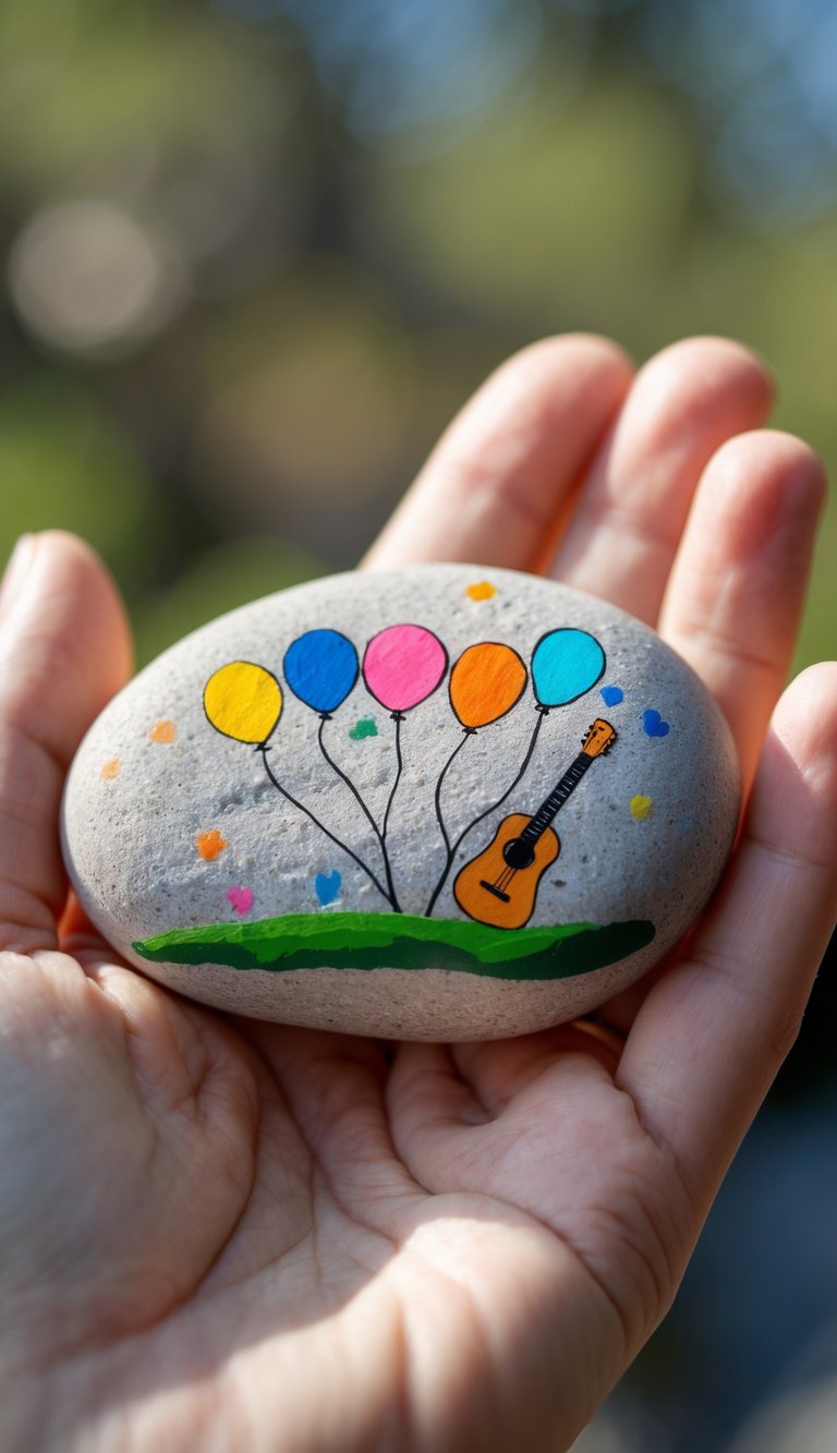 A hand holding a smooth painted river rock with a birthday-themed design including balloons and a guitar.
