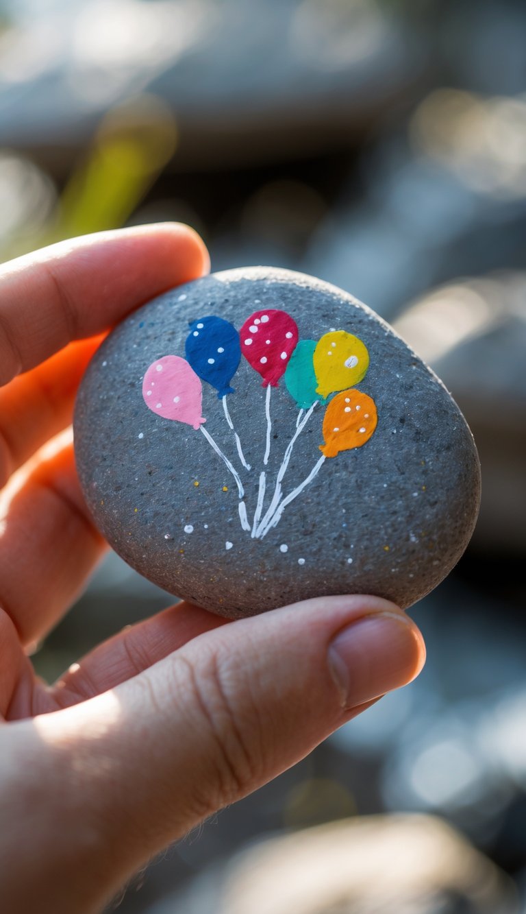 A hand holding a smooth painted river rock with a simple birthday-themed design.