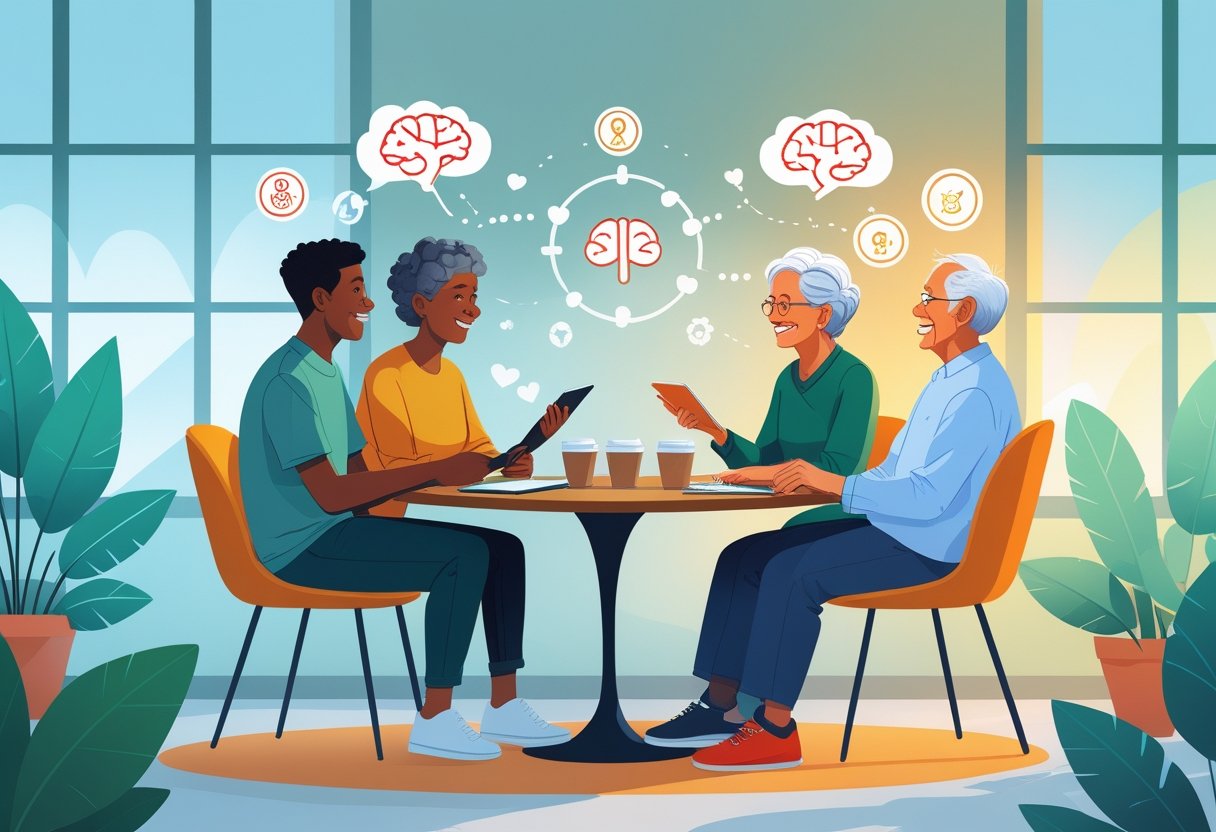 Jovem e idoso sentados juntos em uma mesa, conversando e sorrindo em um ambiente tranquilo, simbolizando colaboração para melhorar a saúde mental.