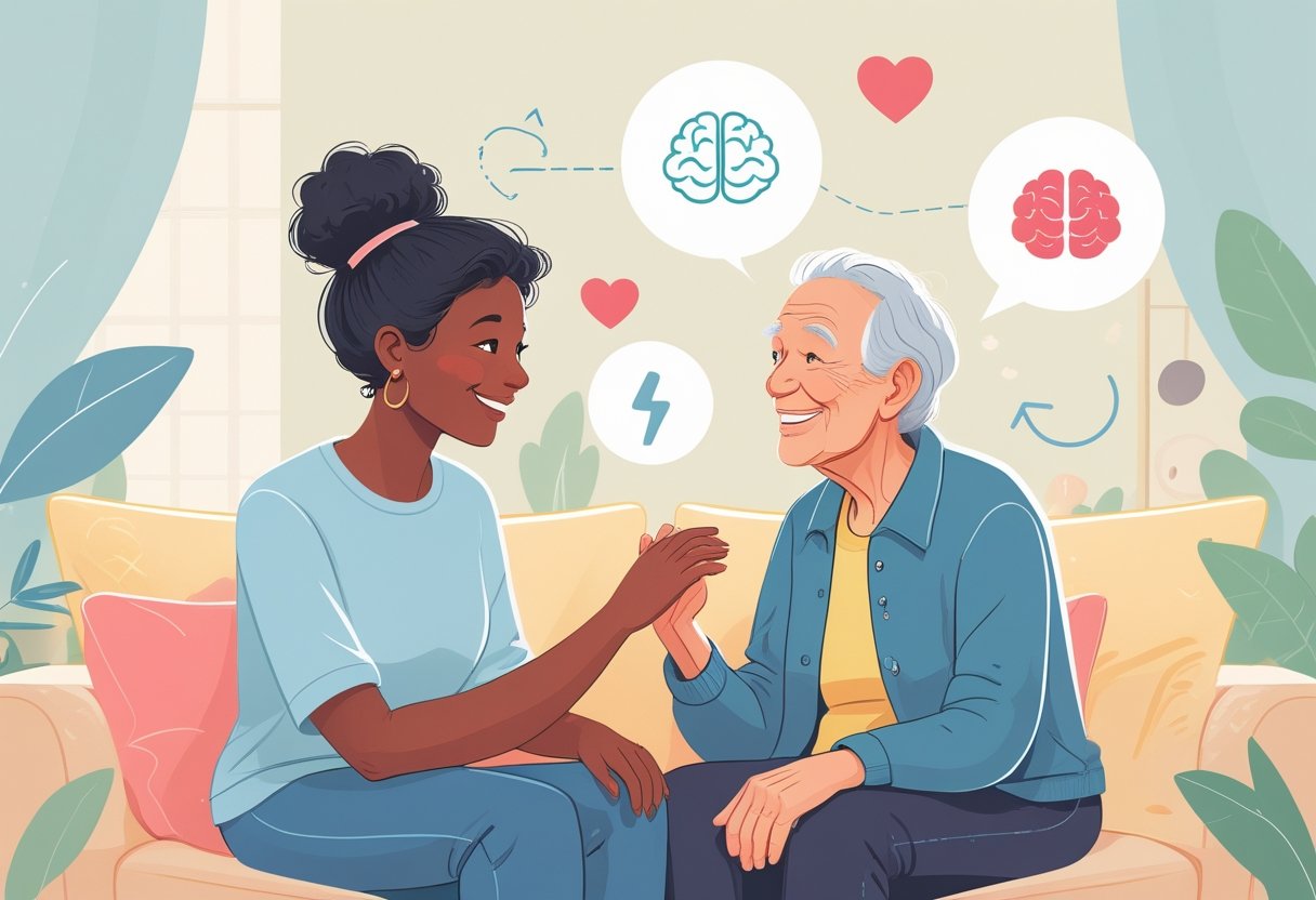 Um jovem e um idoso sentados juntos conversando de forma amigável em um ambiente tranquilo, simbolizando colaboração e aprendizado mútuo para melhorar a saúde mental.