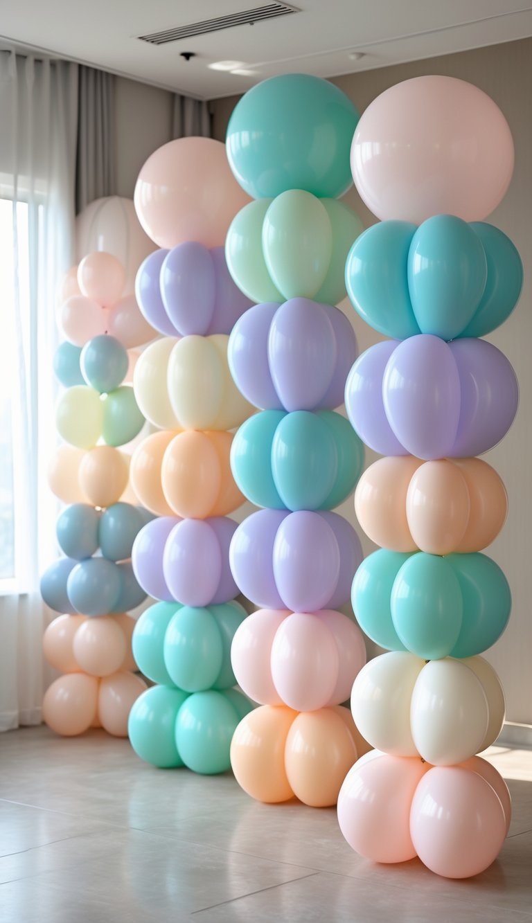 Thirteen pastel-colored balloon pillars arranged indoors in various pastel shades and color-blocked patterns.