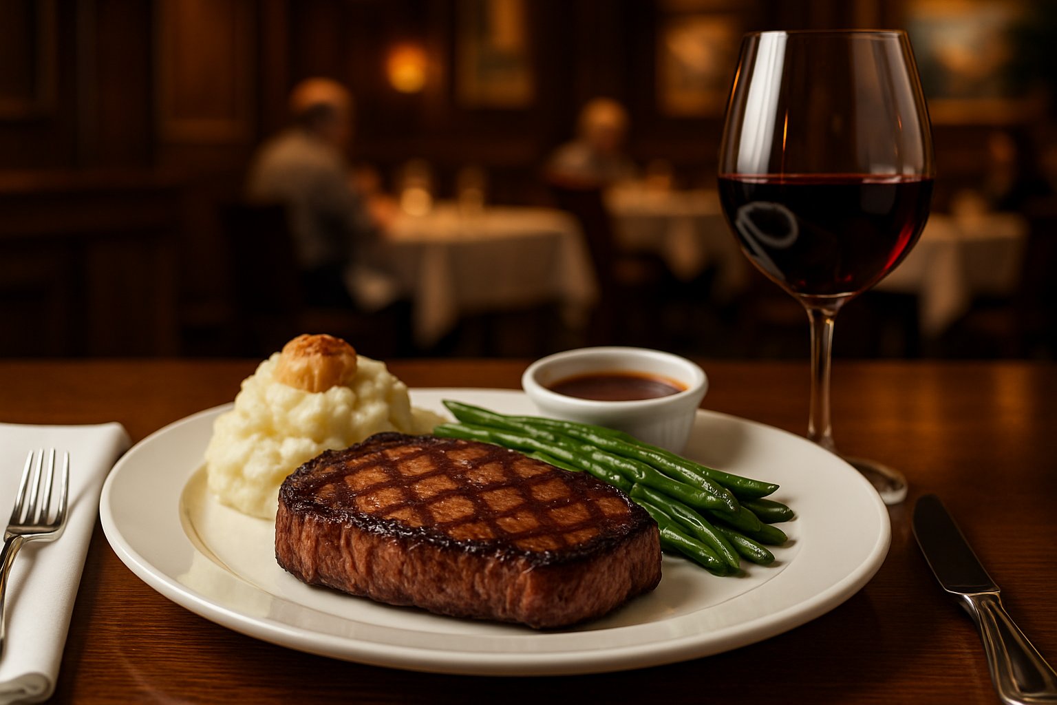 A plated ribeye steak with mashed potatoes and green beans on a restaurant table with a glass of red wine.