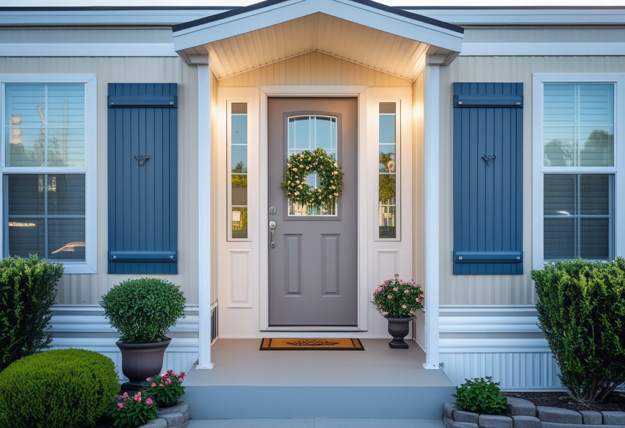 Mobile home exterior with a front door flanked by decorative window shutters and some landscaping.