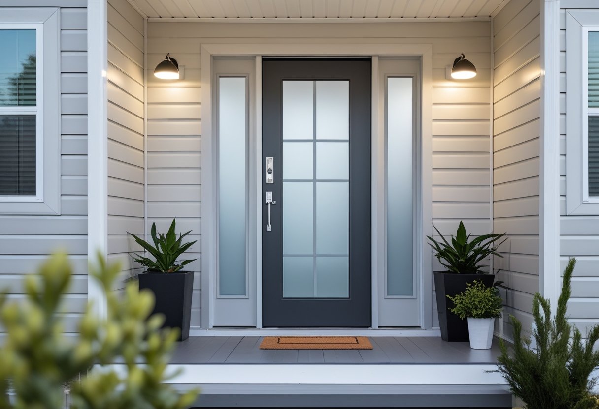 A mobile home exterior with a modern door that has frosted glass panels and surrounding greenery.