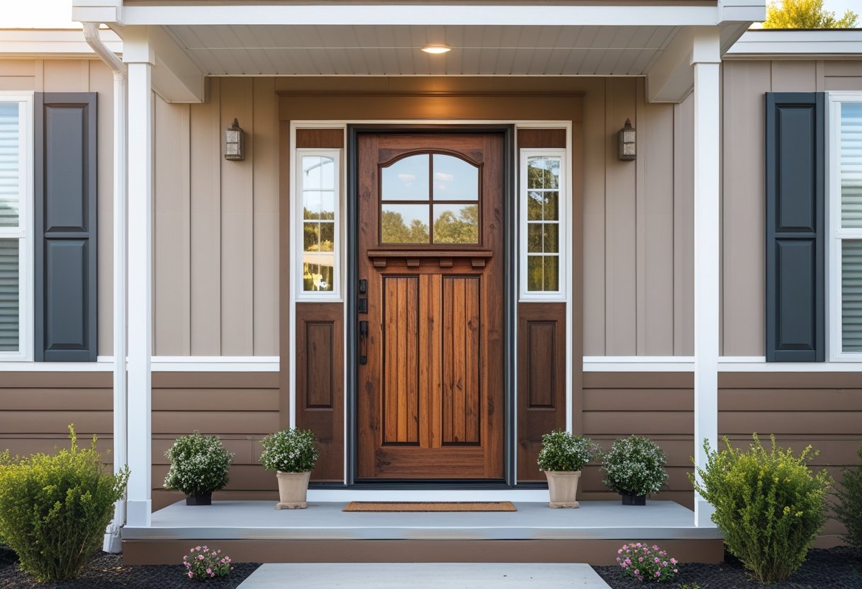 A mobile home exterior with a natural wood stained door and small shrubs enhancing the entrance.