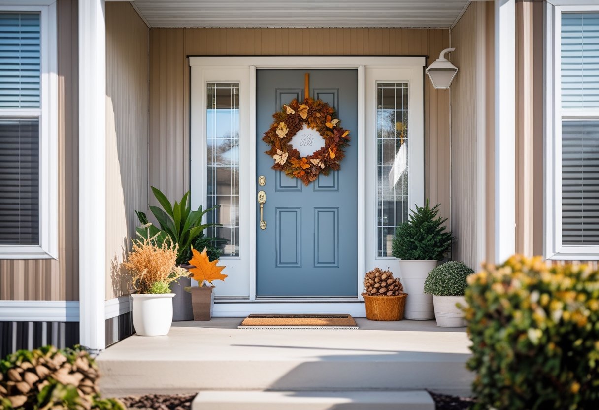 Front door of a mobile home decorated with a seasonal wreath and surrounded by plants and a welcome mat.