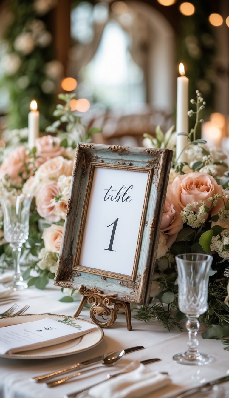 Wedding reception table with antique picture frames used as table number holders surrounded by flowers and elegant table settings.