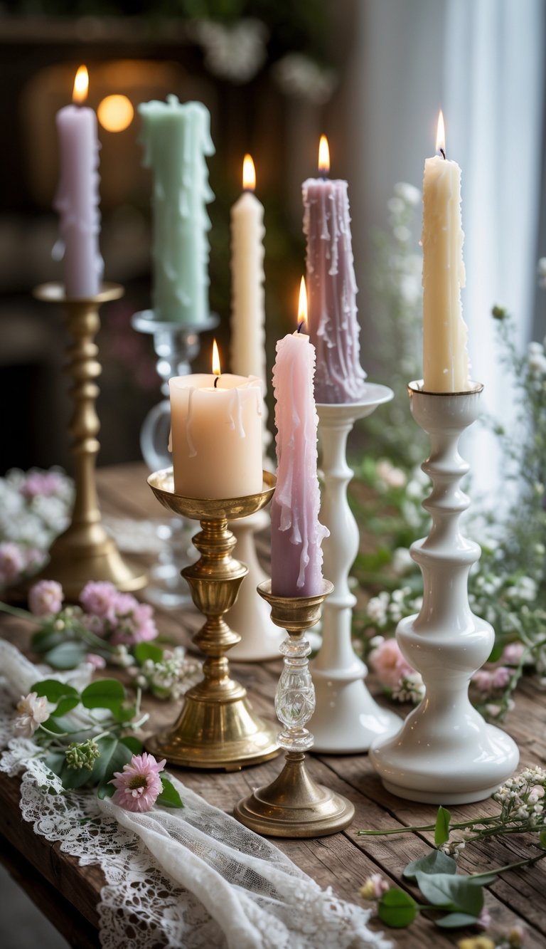 A collection of vintage candle holders with mismatched candles arranged on a wooden table with greenery and small flowers.