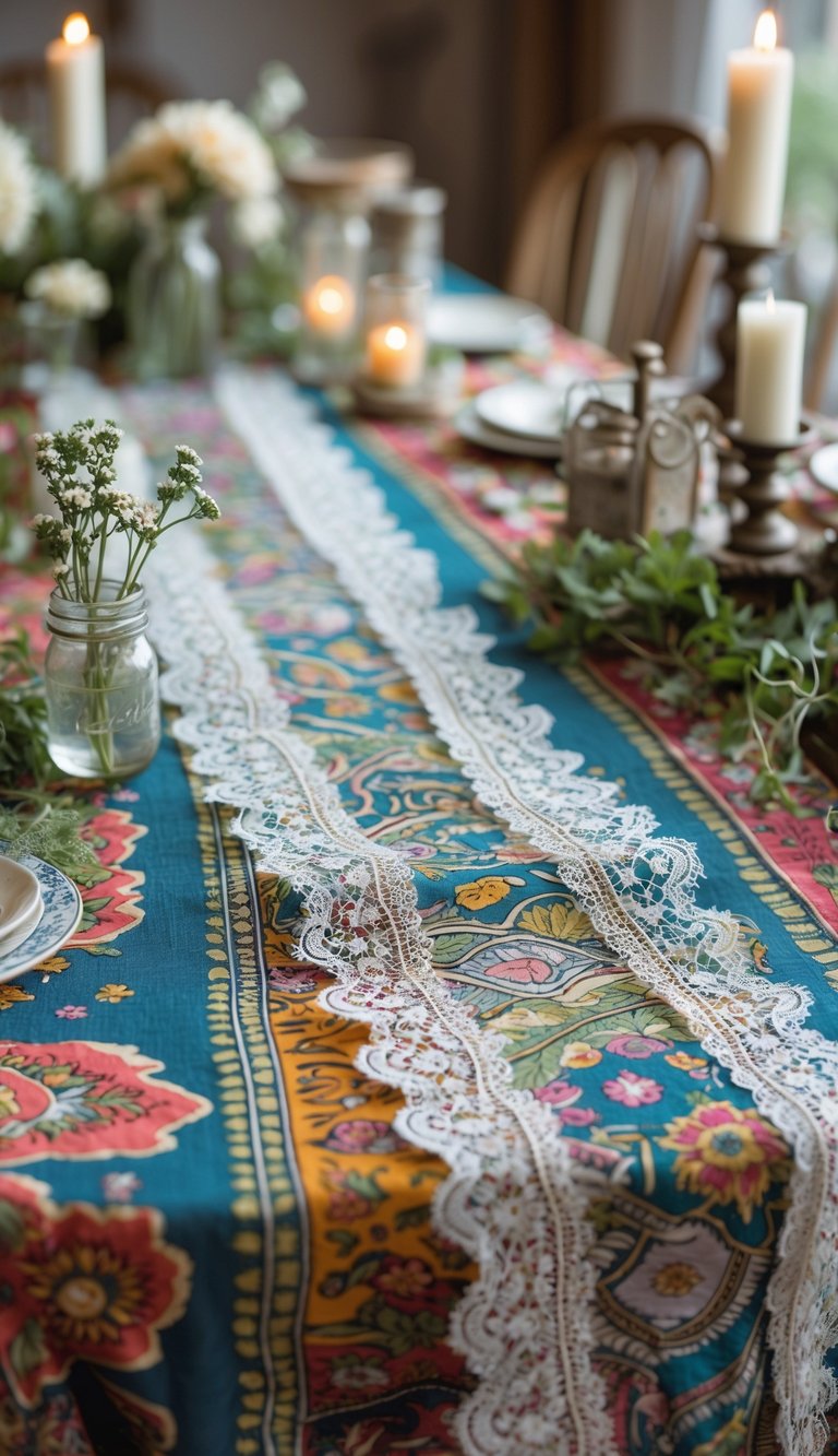 Close-up of lace runners layered over colorful patterned tablecloths with small floral arrangements and candles on a wedding table.