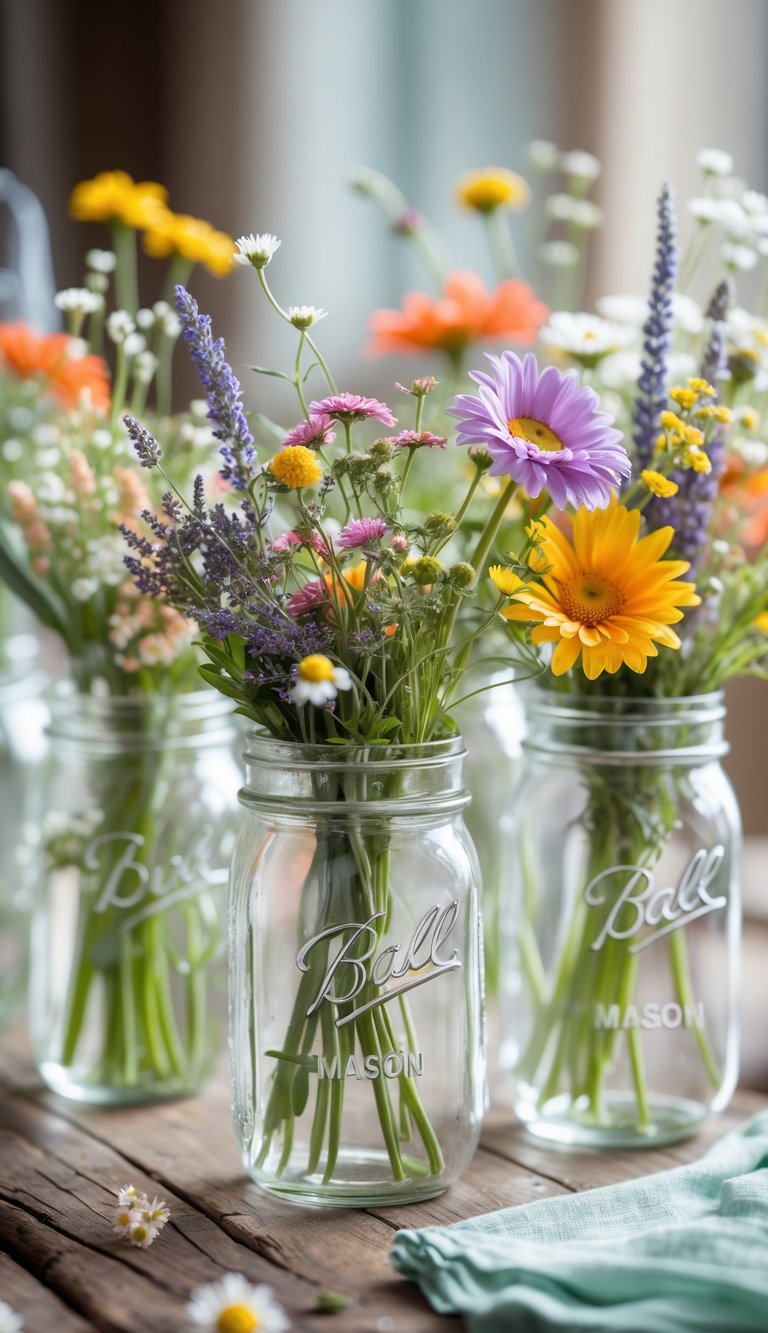 Mason jars filled with colorful wildflowers arranged on a wooden table.