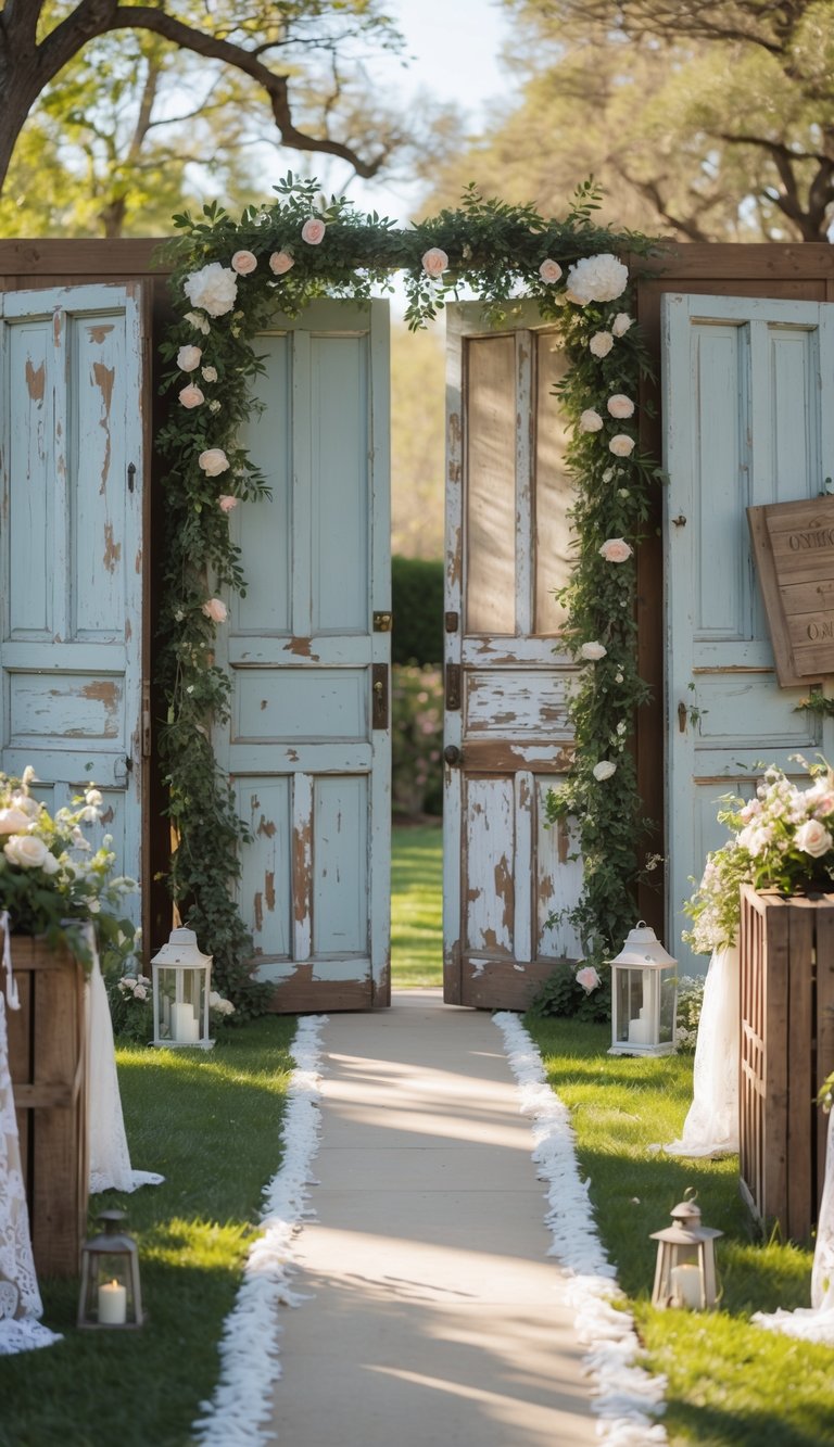 Ceremony entrance decorated with old wooden doors, flowers, greenery, and soft lights in an outdoor garden setting.