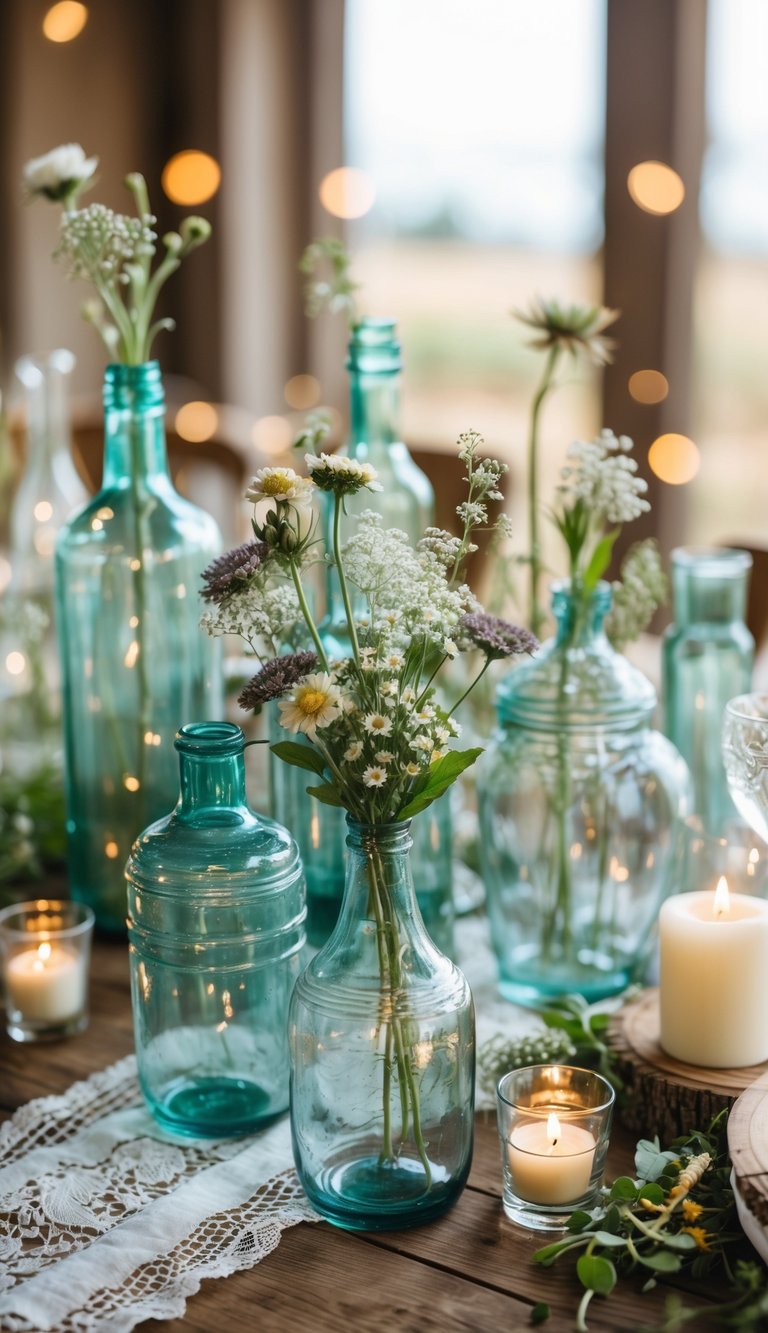 A wedding table decorated with various vintage glass bottles and jars used as vases holding fresh flowers, alongside matching glass drinkware on a wooden surface.