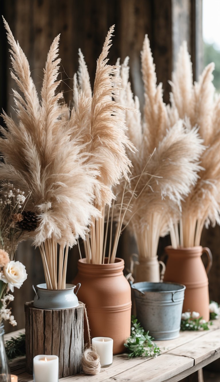 Pampas grass arranged in rustic containers on a wooden table with decorative accents.