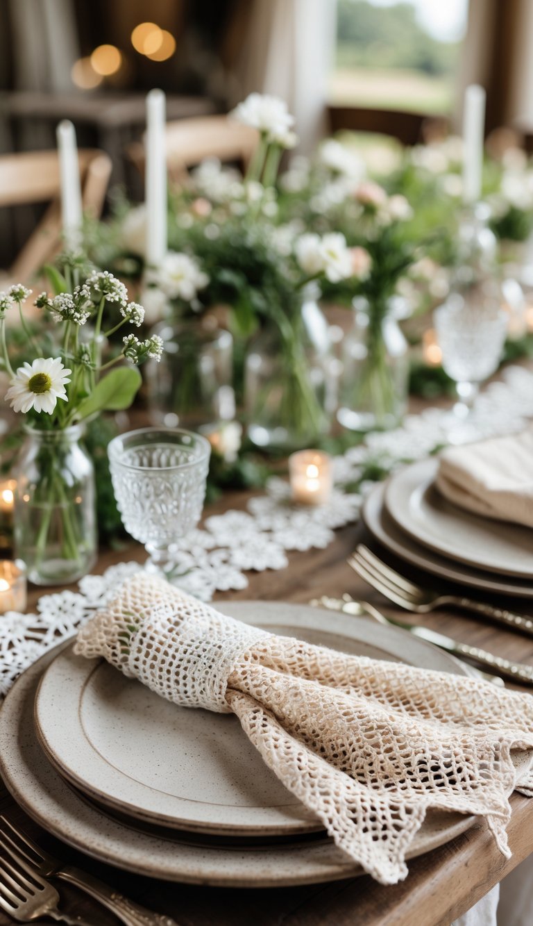 A wedding table set with crochet napkins, lace linens, wildflowers in glass vases, and rustic tableware in a warm, inviting setting.