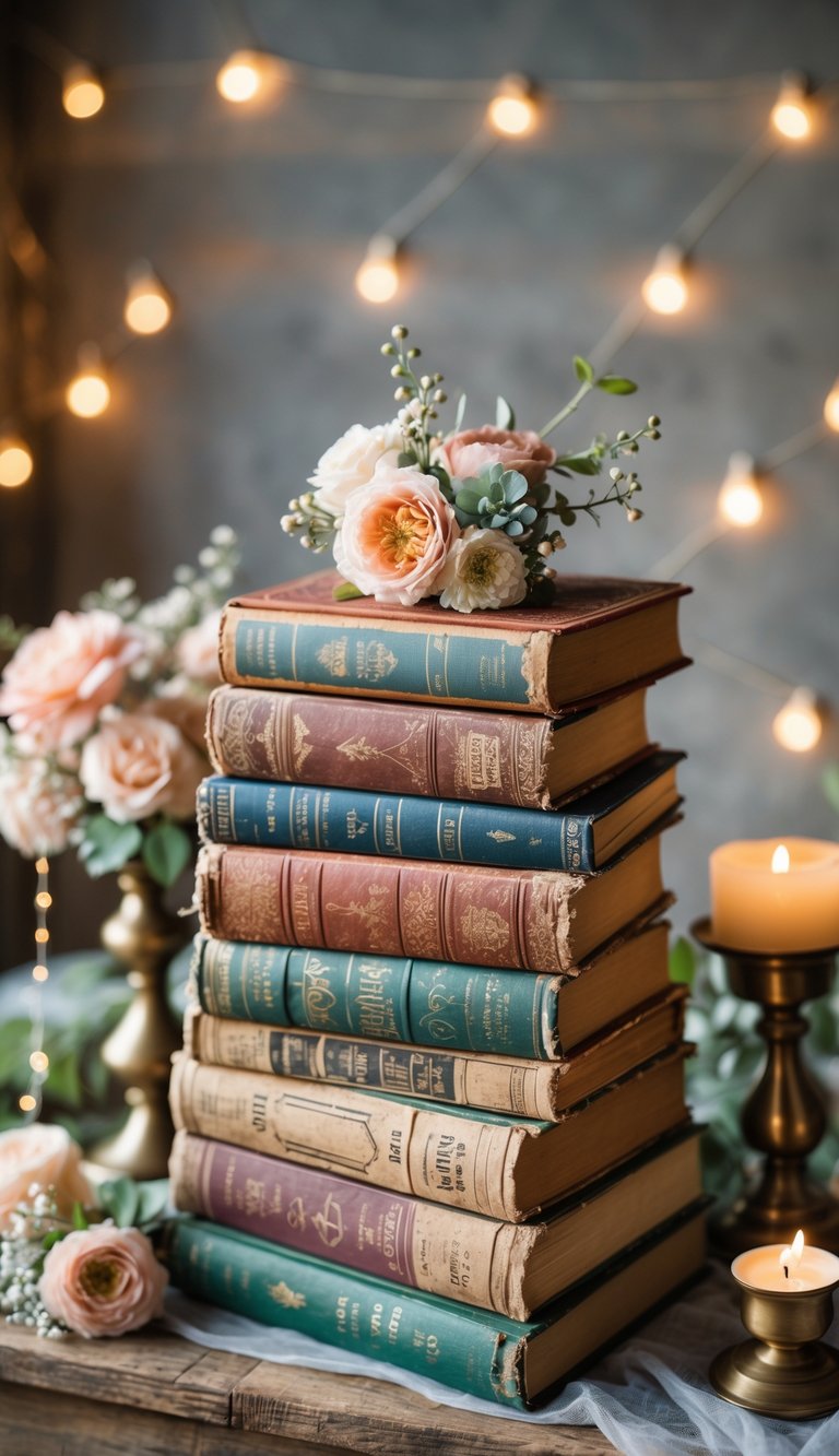 A stack of vintage books decorated with small flowers and candle holders on a wooden surface.