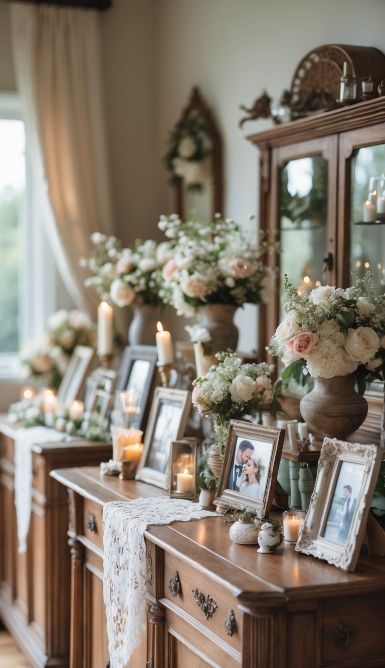 Buffets and sideboards displaying framed wedding photos surrounded by vintage floral arrangements and decorative items in a warmly lit room.