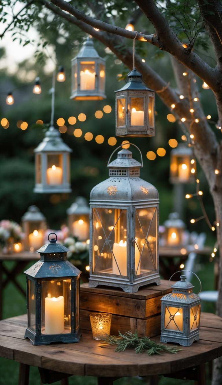 A collection of upcycled lanterns with candles inside providing warm ambient lighting in an outdoor wedding setting with greenery and floral decorations.