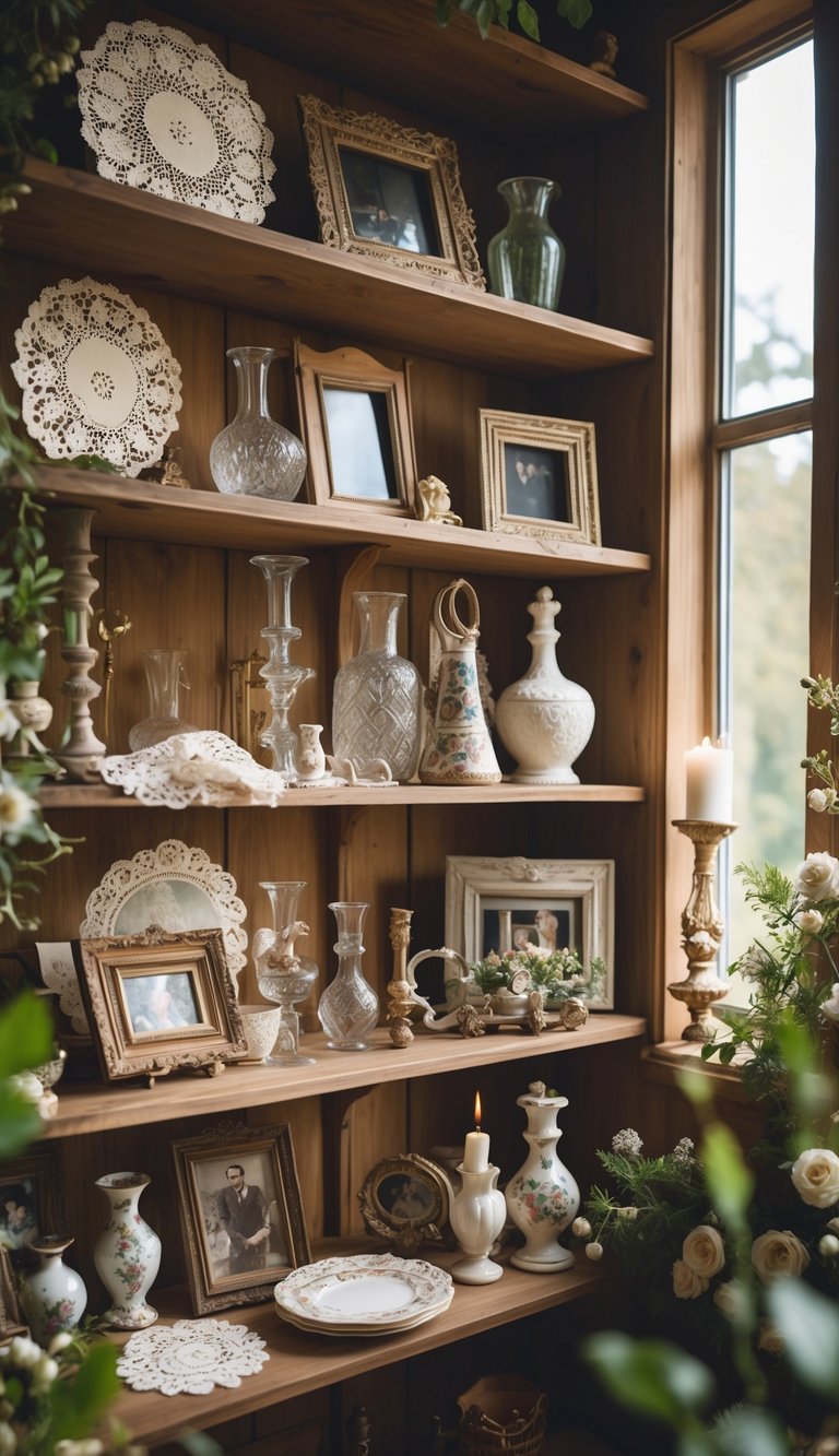Shelves displaying various vintage and thrifted wedding decor items including glass vases, picture frames, candle holders, and ceramic figurines.