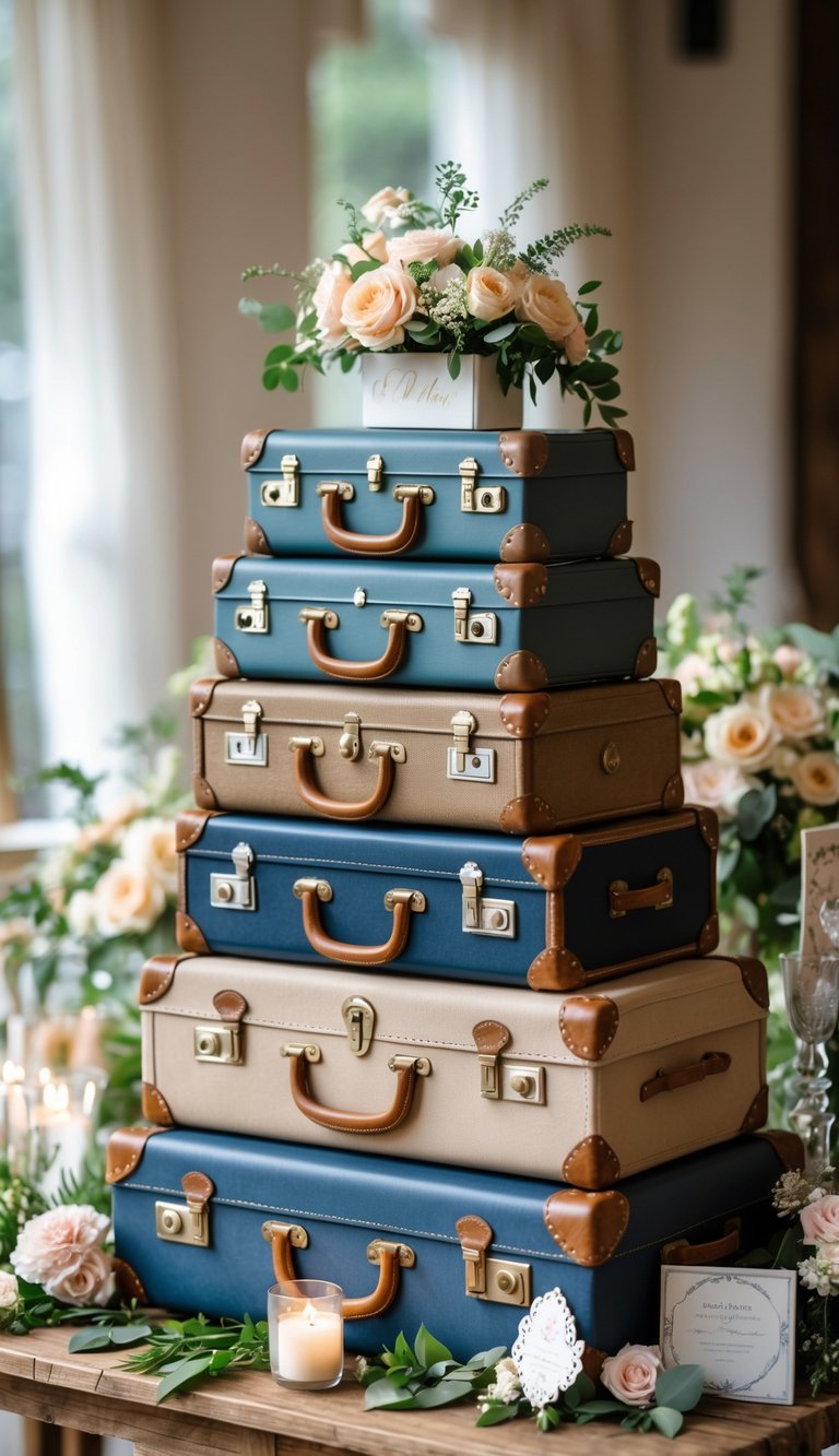 Stacked vintage suitcases arranged on a table with flowers and wedding decorations.