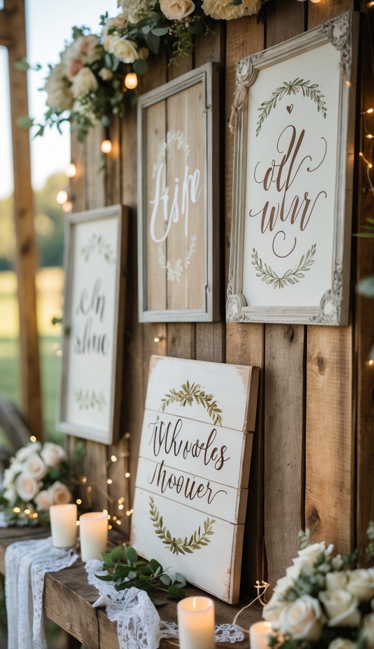 A display of hand-painted wooden signs on weathered wood surrounded by wedding decorations including flowers and candles.