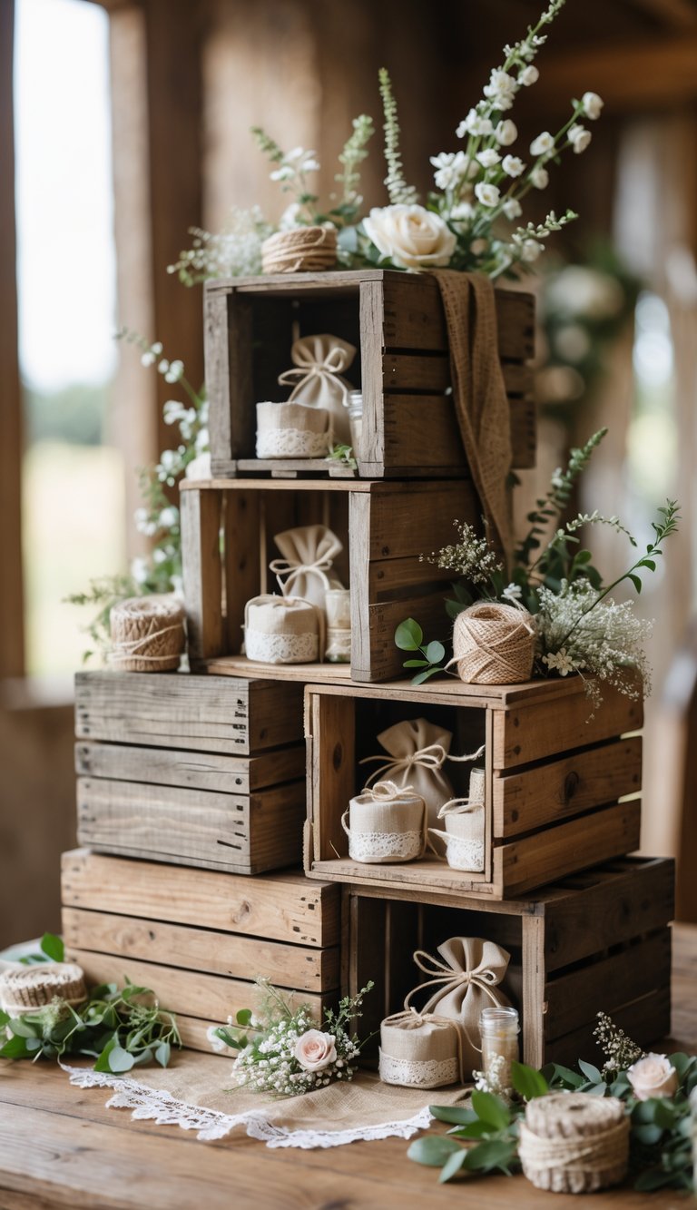 A display of rustic wooden crates filled with assorted wedding favors and decorated with greenery and flowers on a wooden table.