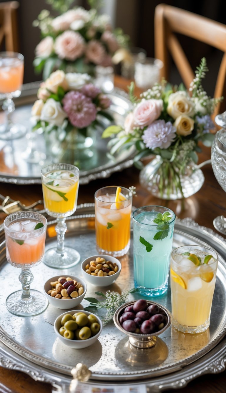 Antique silver trays arranged on a wooden table with glasses, snacks, and flowers for a cocktail hour.