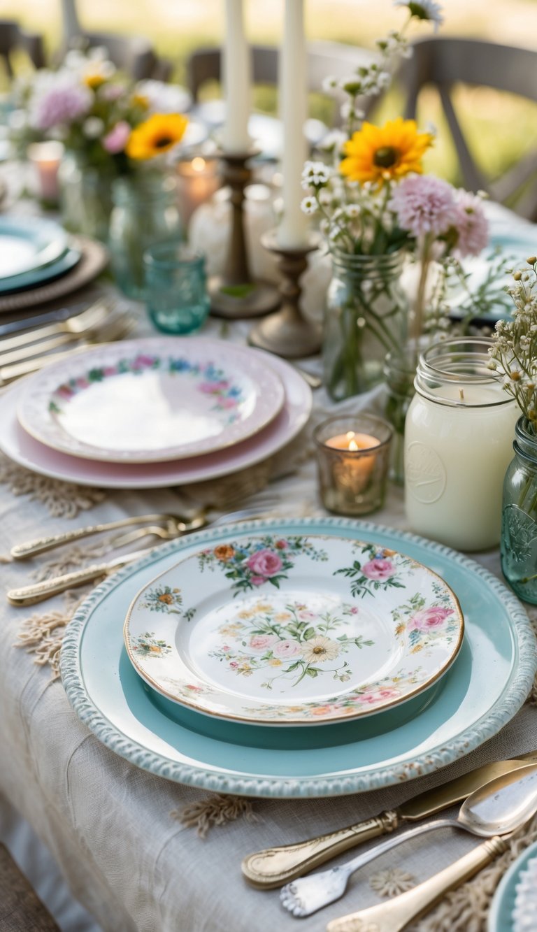 A wedding table set with a variety of mismatched plates and flatware, decorated with wildflowers and candles.