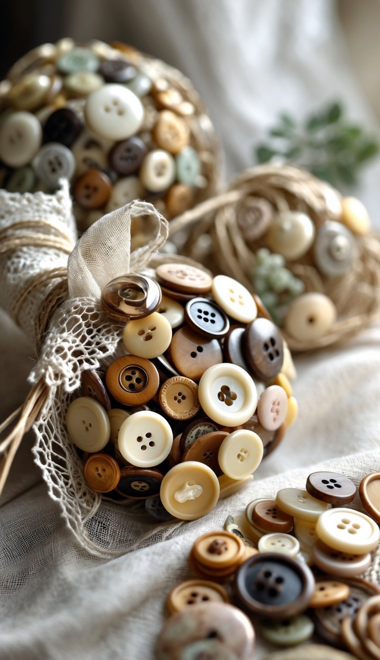 Close-up of vintage buttons arranged with bouquet wraps made of twine and lace for wedding decoration.