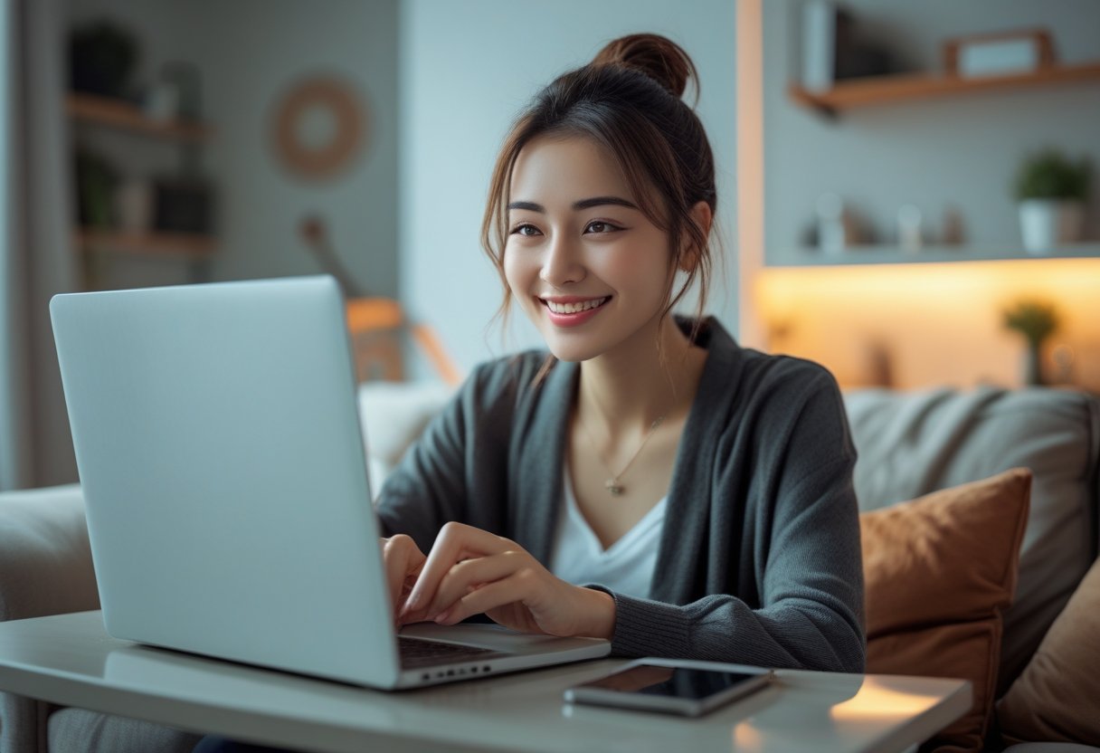 A young woman sitting at home using a laptop and mobile phone, smiling while texting.