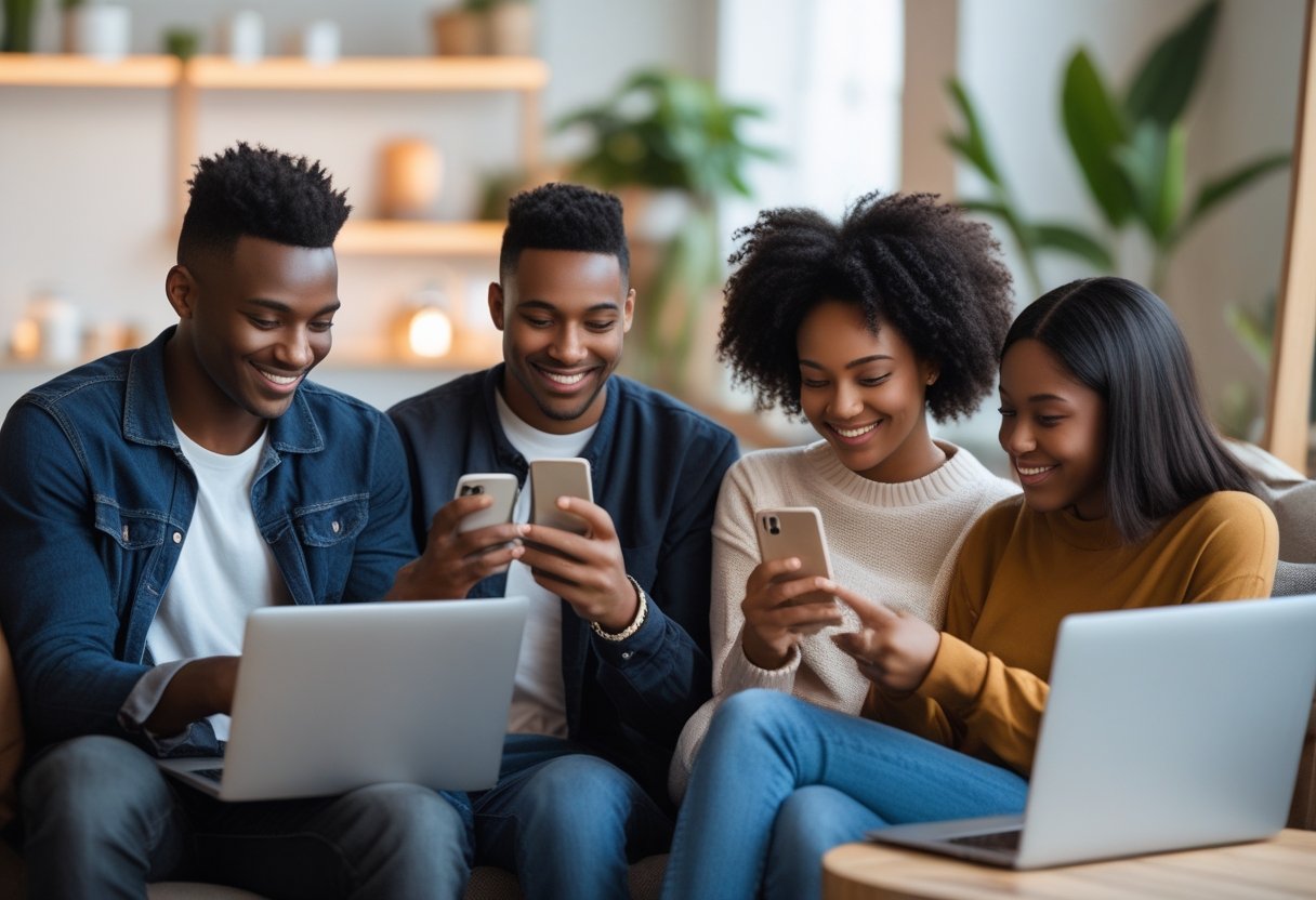 Personas jóvenes usando teléfonos y computadoras portátiles en un ambiente interior acogedor, mostrando expresiones felices mientras exploran aplicaciones para encontrar pareja.