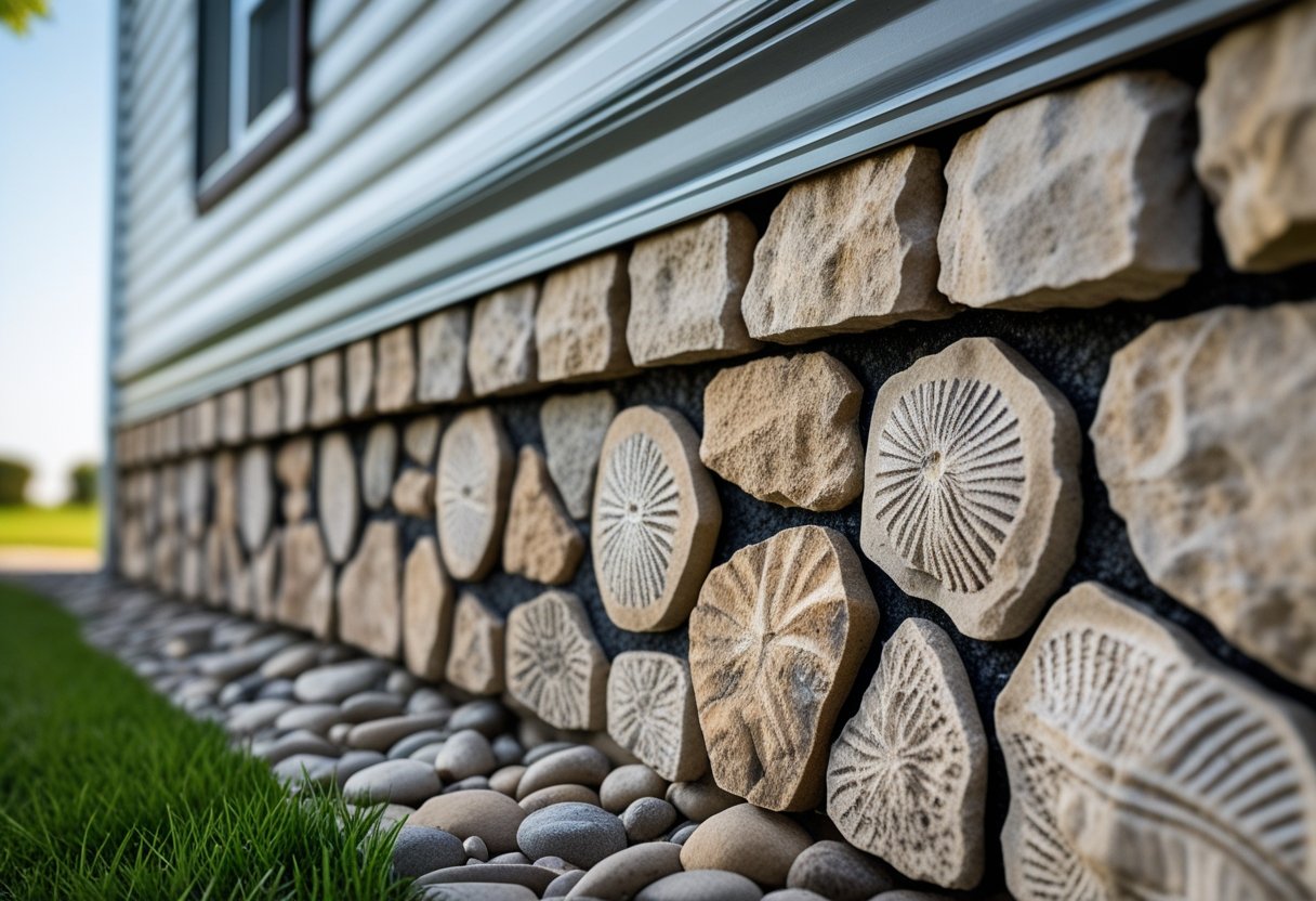 Close-up of a mobile home with stone skirting featuring embedded fossilized artifacts along the base.