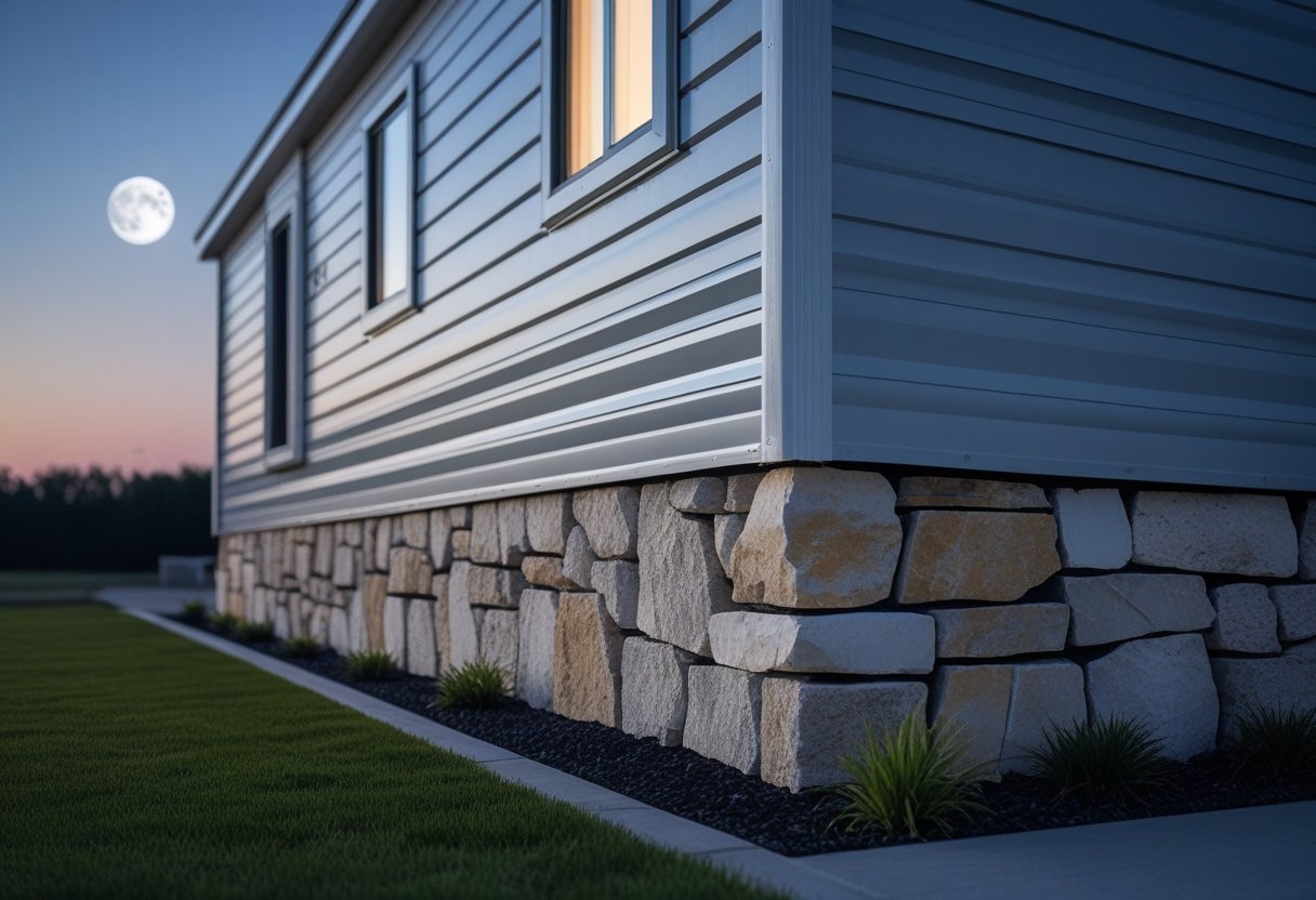 A mobile home at night with stone skirting around its base, surrounded by grass and small plants under a moonlit sky.