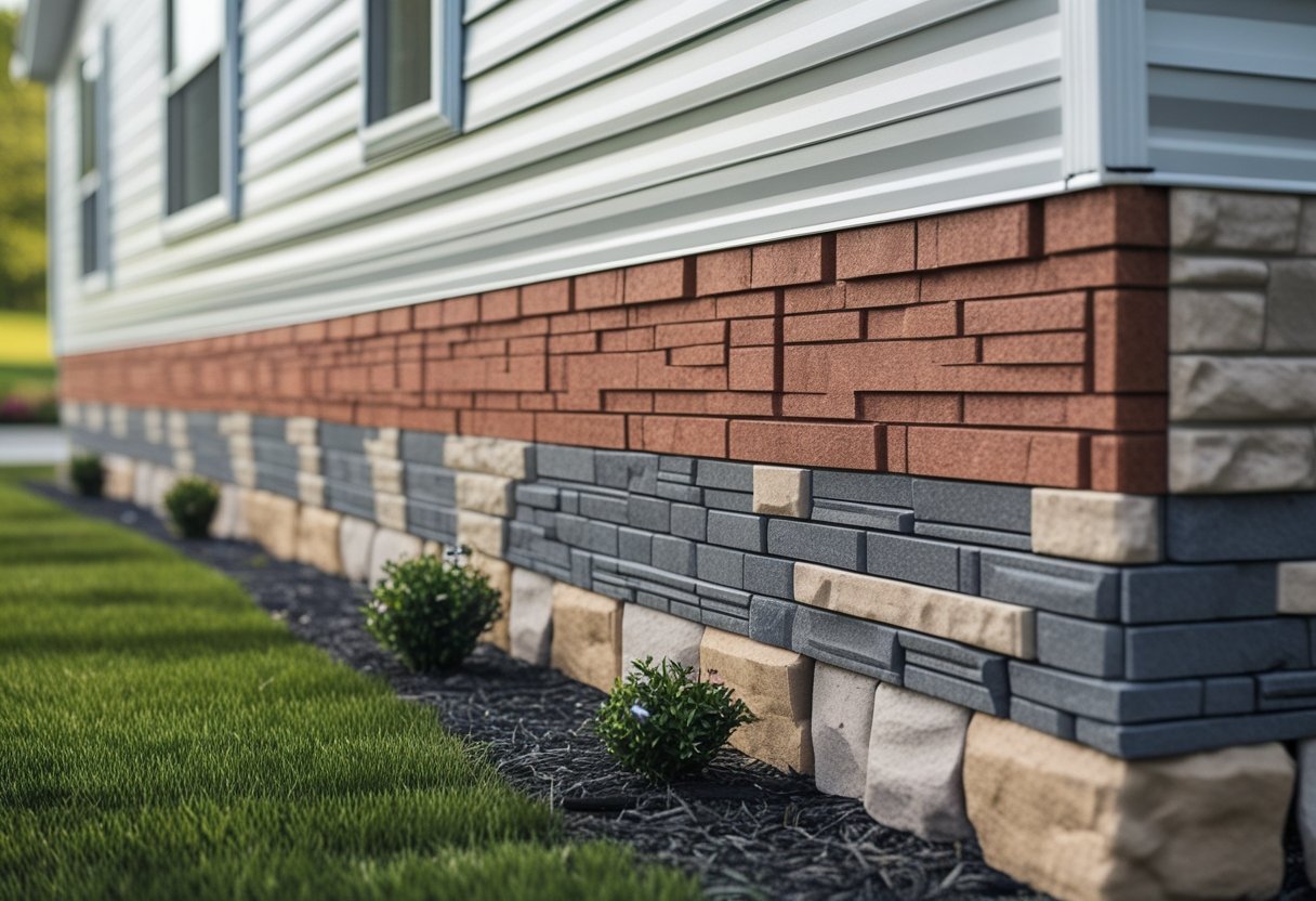 Mobile home exterior with a combination of faux brick and stone skirting around its base, surrounded by grass and small plants.
