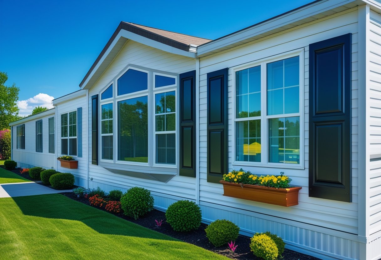 A mobile home with several upgraded windows including bay windows, black frames, shutters, and flower boxes, surrounded by green lawn and colorful plants.