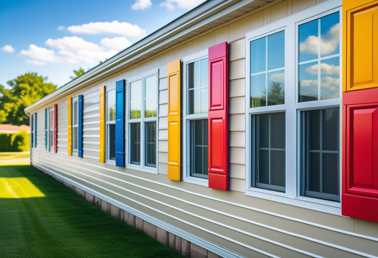 Mobile home exterior with colorful vinyl shutters installed on multiple windows surrounded by green grass and clear sky.