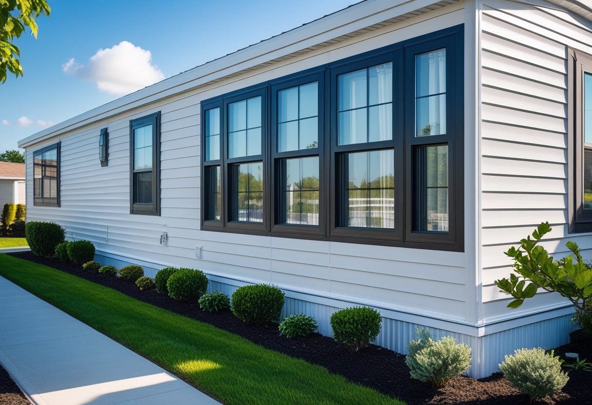 Exterior view of a mobile home with new black aluminum casement windows and a well-kept lawn.