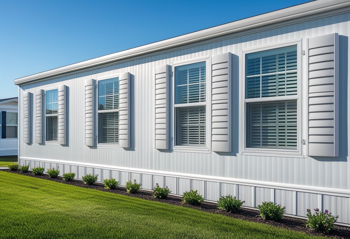 Exterior of a mobile home with white plantation shutters on the windows, surrounded by green grass and plants under a clear blue sky.