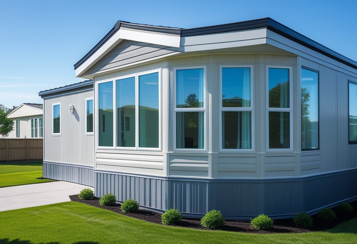 Exterior view of a mobile home featuring newly installed bay windows with a green lawn and clear sky.