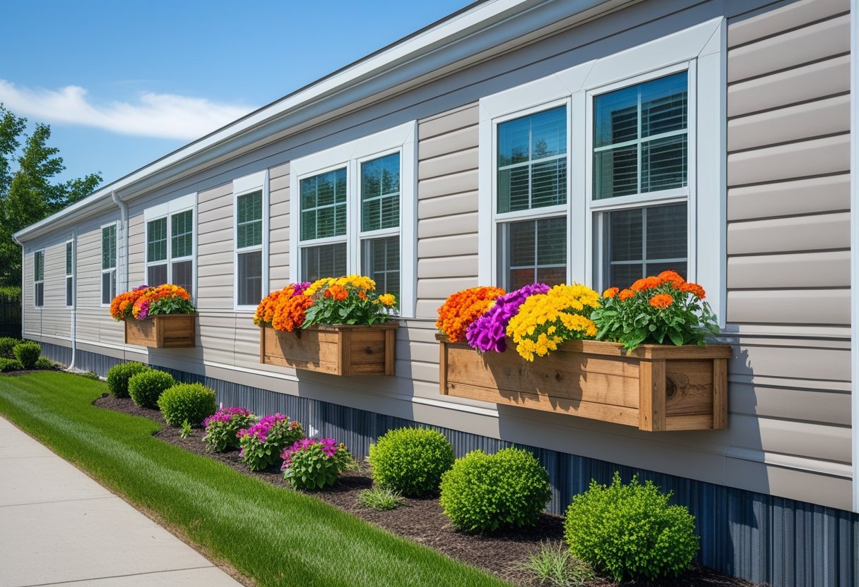 A mobile home exterior with decorative window boxes filled with colorful seasonal flowers under a clear blue sky.