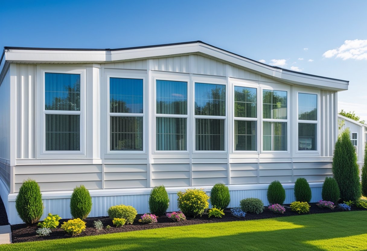 Exterior view of a mobile home with new double-pane windows and a well-kept yard.