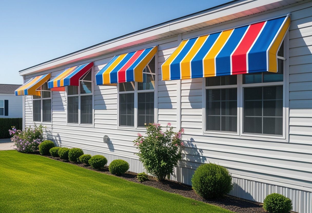 Mobile home exterior with windows covered by colorful striped fabric awnings surrounded by grass and plants.