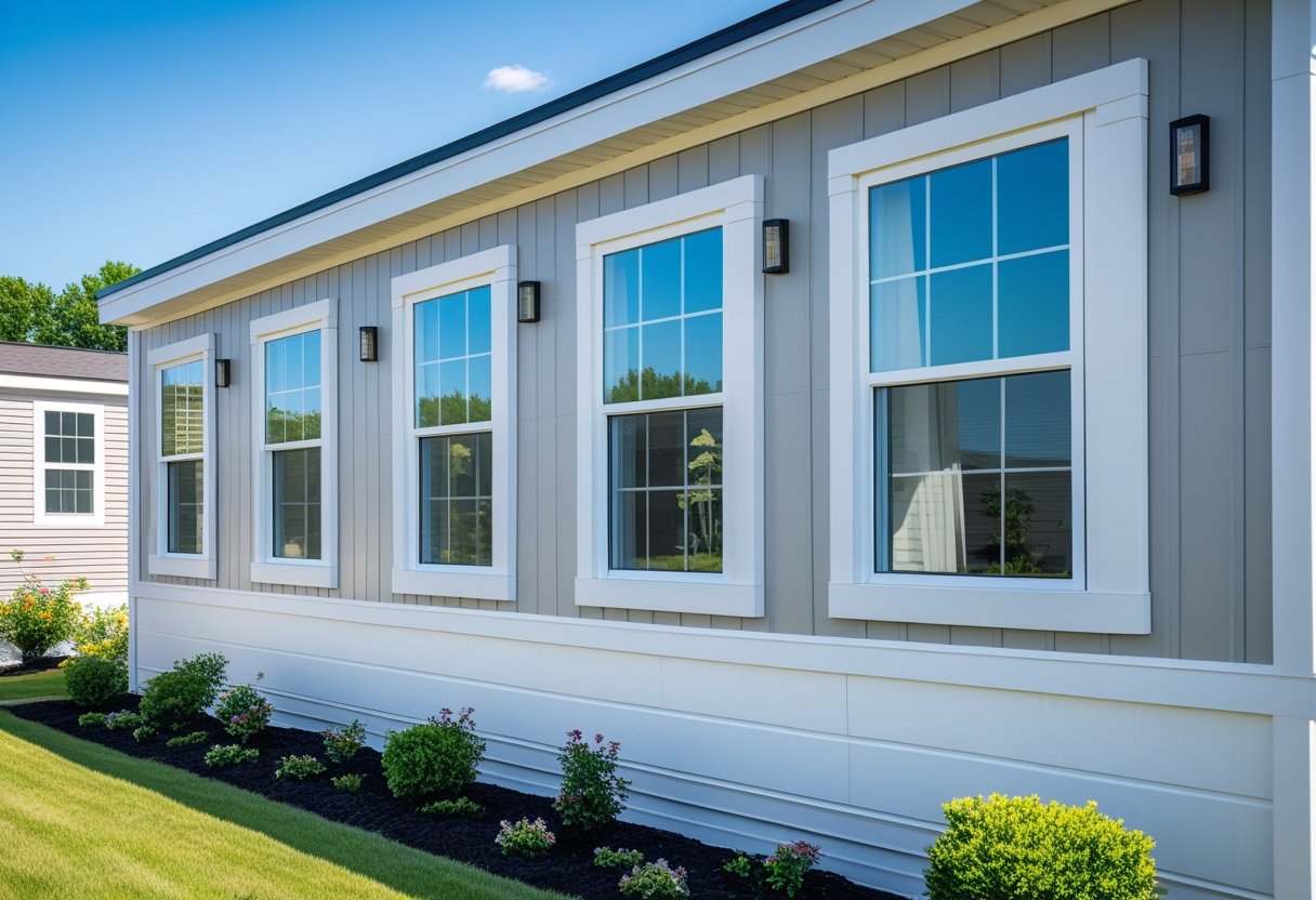 Exterior view of a mobile home with white wood trim installed around the windows and a tidy lawn with shrubs.