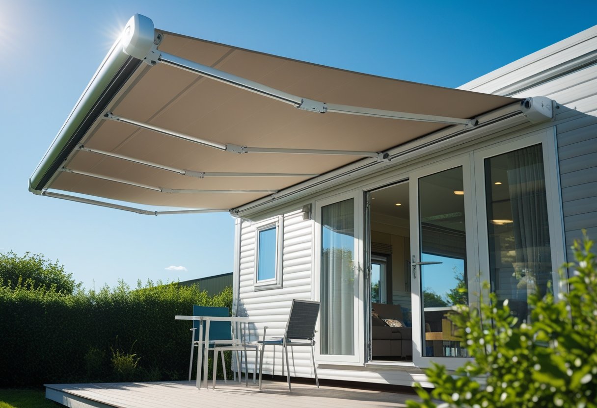A mobile home porch with an extended aluminum retractable awning providing shade over outdoor furniture in a sunny setting.