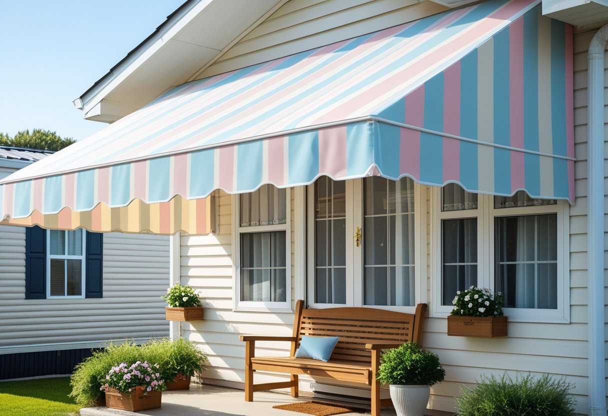 Porch of a mobile home with a striped fabric awning providing shade over a bench and potted plants.
