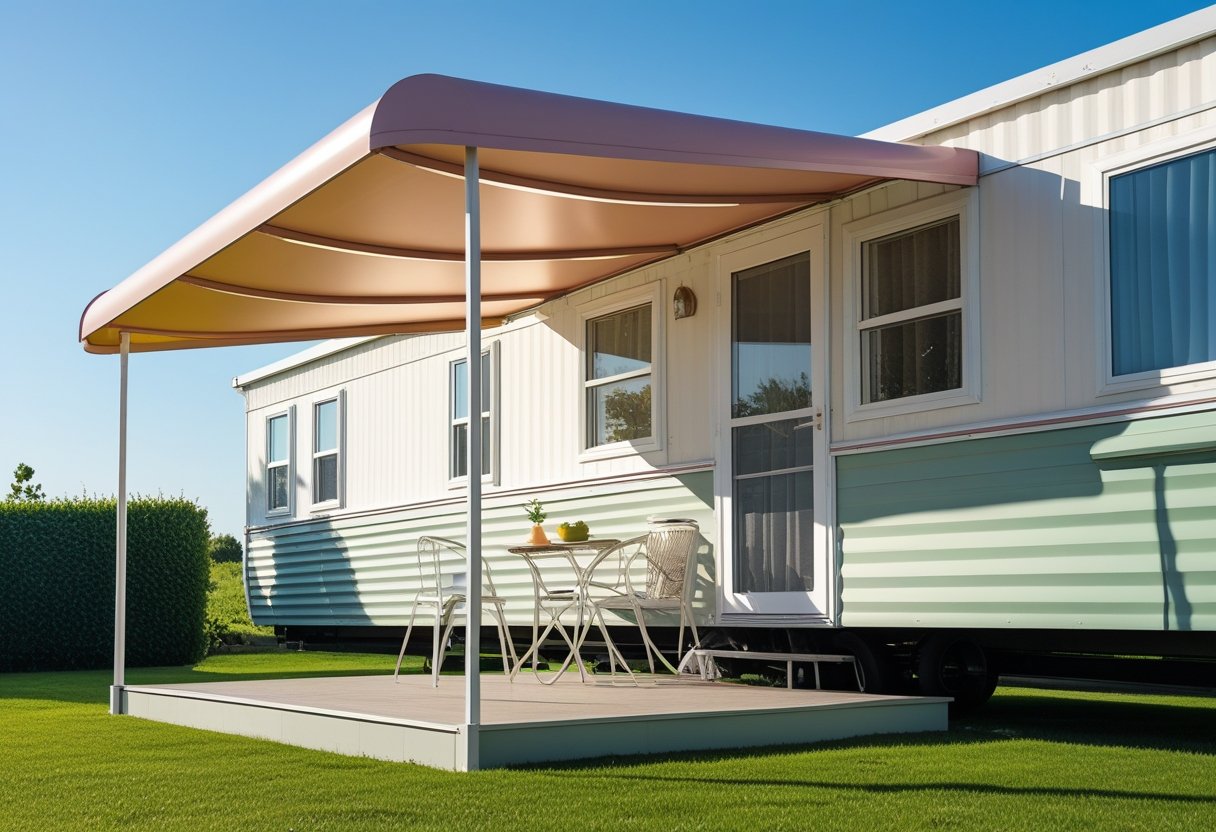 A mobile home with a curved metal awning providing shade over a porch with outdoor furniture in a sunny grassy area.