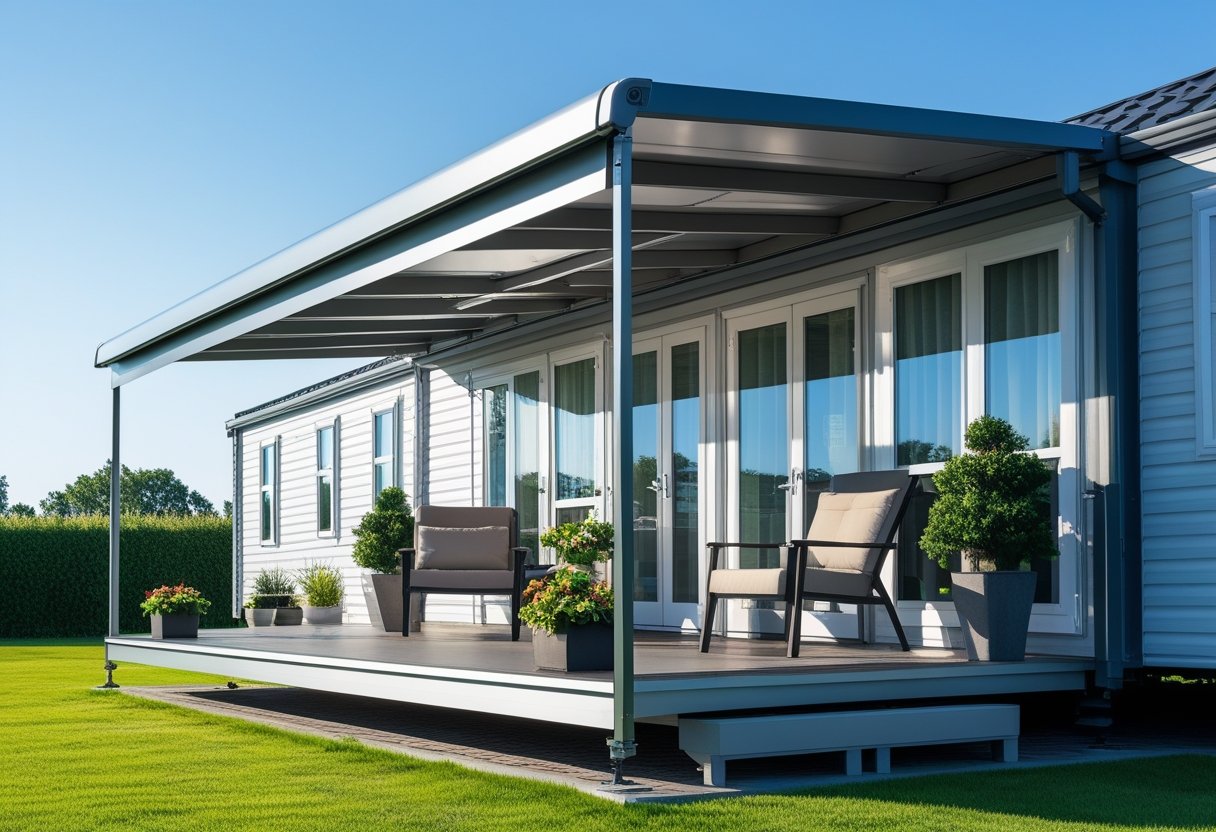 A mobile home with a long metal awning covering the full length of the front porch, surrounded by greenery and outdoor furniture.