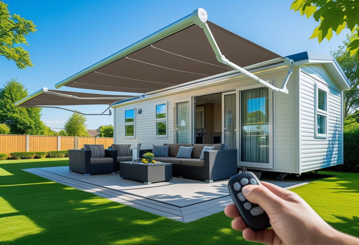 A mobile home with extended motorized awnings shading an outdoor seating area, a hand holding a remote control in the foreground.