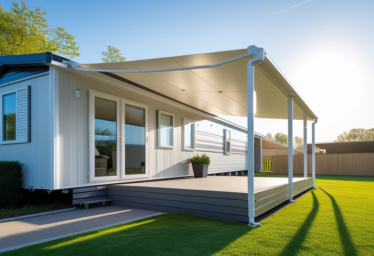 A mobile home with a white vinyl awning providing shade over the porch on a sunny day.